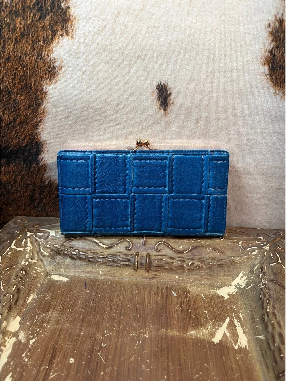 Vintage Blue and Coral Faux Leather Wallet with Floral Interior